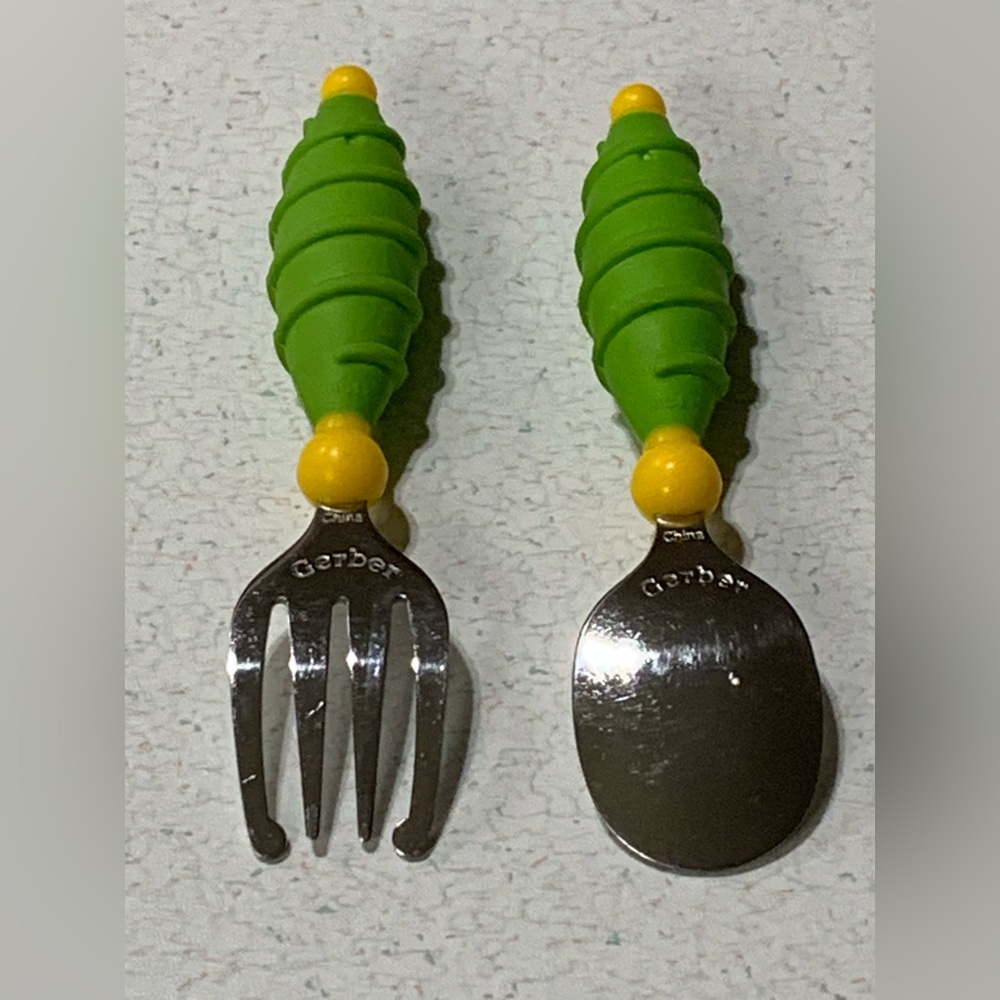 Vintage 90’s Gerber Fork & Spoon Set. Green & Yellow, Chunky Knubby Handle,  5"